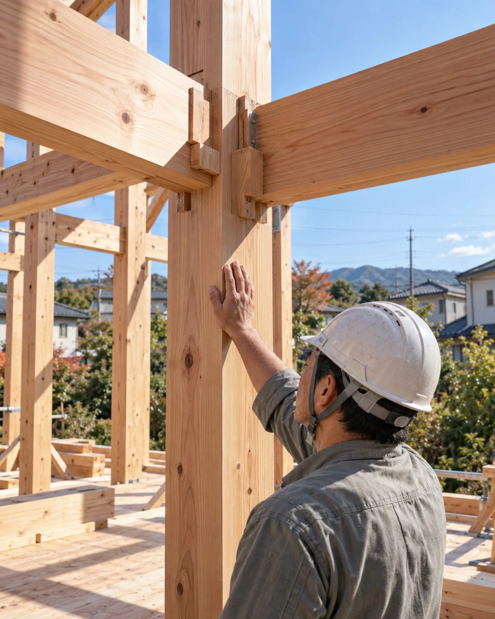 建てている途中の木の骨組み。大工が柱の継ぎ目を手で確かめている（イメージ・見本）