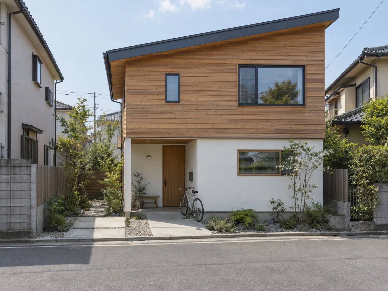 片流れの屋根に杉の横張りと漆喰の、通りに面した2階建て（イメージ・見本）